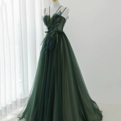Green tulle beads long prom dress green evening dress - Thumbnail 1
