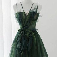 Green tulle beads long prom dress green evening dress - Thumbnail 1