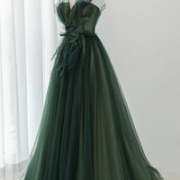 Green tulle beads long prom dress green evening dress - Thumbnail 6