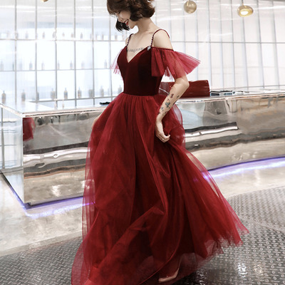 Burgundy velvet tulle long prom dress a line evening dress - Thumbnail 2