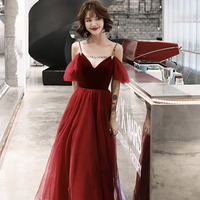 Burgundy velvet tulle long prom dress A line evening dress - Thumbnail 3