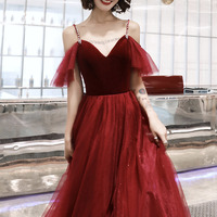 Burgundy velvet tulle long prom dress A line evening dress - Thumbnail 2