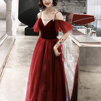 Burgundy velvet tulle long prom dress A line evening dress - Thumbnail 4