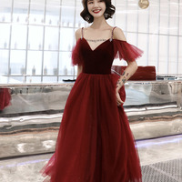 Burgundy velvet tulle long prom dress A line evening dress - Thumbnail 5