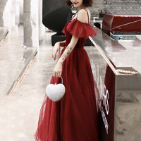 Burgundy velvet tulle long prom dress A line evening dress - Thumbnail 6