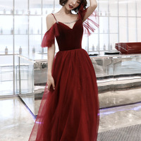 Burgundy velvet tulle long prom dress A line evening dress - Thumbnail 1