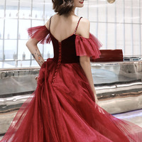 Burgundy velvet tulle long prom dress A line evening dress - Thumbnail 7