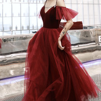Burgundy velvet tulle long prom dress A line evening dress - Thumbnail 8