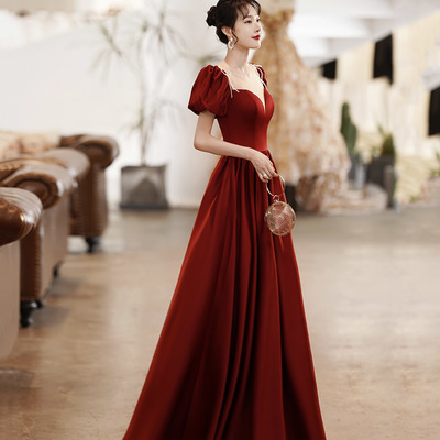 Burgundy satin long prom dress a line evening dress - Thumbnail 1