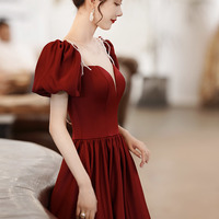 Burgundy satin long prom dress A line evening dress - Thumbnail 1