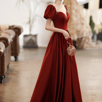 Burgundy satin long prom dress A line evening dress - Thumbnail 6