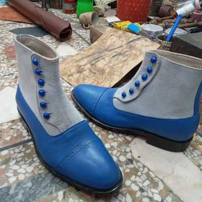 Luxury men's hand stitch two tone leather suede button boot