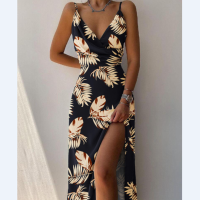 Sexy leaf print v-neck sleeveless dress - Thumbnail 2