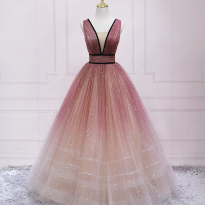 Burgundy tulle long prom dress a line evening gown - Thumbnail 2