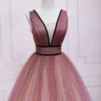 Burgundy tulle long prom dress A line evening gown - Thumbnail 1