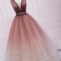 Burgundy tulle long prom dress A line evening gown - Thumbnail 2