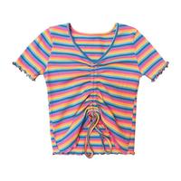 Rainbow Stripe V-neck Drawstring Top - Thumbnail 3