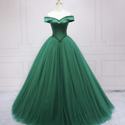 Green tulle beads long prom dress a line evening dress - Thumbnail 1