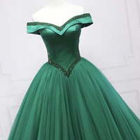 Green tulle beads long prom dress A line evening dress - Thumbnail 1