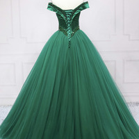 Green tulle beads long prom dress A line evening dress - Thumbnail 3