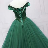 Green tulle beads long prom dress A line evening dress - Thumbnail 5