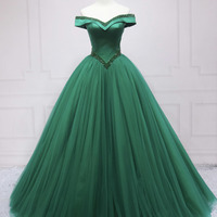 Green tulle beads long prom dress A line evening dress - Thumbnail 6
