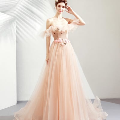 Pink tulle lace long prom dress pink evening dress - Thumbnail 2