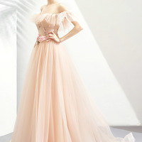 Pink tulle lace long prom dress pink evening dress - Thumbnail 1