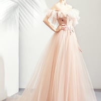 Pink tulle lace long prom dress pink evening dress - Thumbnail 2