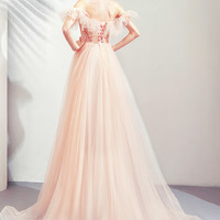 Pink tulle lace long prom dress pink evening dress - Thumbnail 3