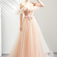 Pink tulle lace long prom dress pink evening dress - Thumbnail 4
