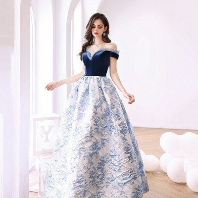 Blue jacquard long ball gown blue evening dress - Thumbnail 2