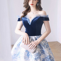 Blue jacquard long ball gown blue evening dress - Thumbnail 2