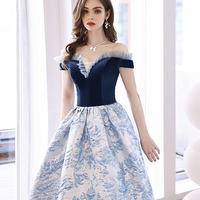 Blue jacquard long ball gown blue evening dress - Thumbnail 1