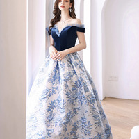 Blue jacquard long ball gown blue evening dress - Thumbnail 3