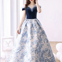 Blue jacquard long ball gown blue evening dress - Thumbnail 4