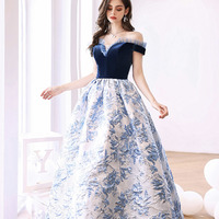 Blue jacquard long ball gown blue evening dress - Thumbnail 6