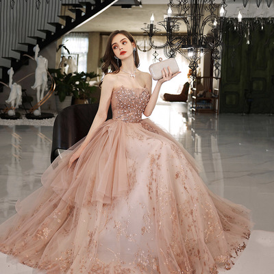 Pink tulle sequins long prom dress pink evening dress