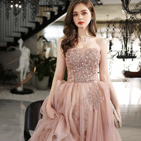 Pink tulle sequins long prom dress pink evening dress - Thumbnail 1