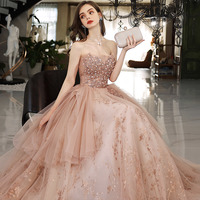 Pink tulle sequins long prom dress pink evening dress - Thumbnail 2