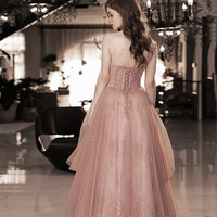Pink tulle sequins long prom dress pink evening dress - Thumbnail 4
