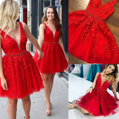 V neck homecoming dresses short waist with beading - Thumbnail 4