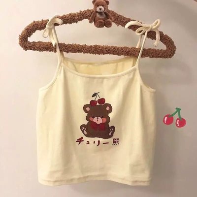  cute brown bear cherry graphic cartoon print camisole spaghetti strap shirt aesthetic casual summer e-girl kawaii korean japanese harajuku - Thumbnail 1