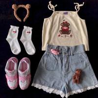  Cute Brown Bear Cherry Graphic Cartoon Print Camisole Spaghetti Strap Shirt Aesthetic Casual Summer E-Girl Kawaii Korean Japanese Harajuku - Thumbnail 1