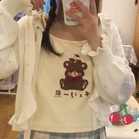  Cute Brown Bear Cherry Graphic Cartoon Print Camisole Spaghetti Strap Shirt Aesthetic Casual Summer E-Girl Kawaii Korean Japanese Harajuku - Thumbnail 3