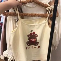  Cute Brown Bear Cherry Graphic Cartoon Print Camisole Spaghetti Strap Shirt Aesthetic Casual Summer E-Girl Kawaii Korean Japanese Harajuku - Thumbnail 5