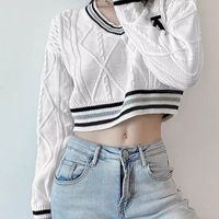 White Varsity V Neck Long Sleeve Crop Top Knit Pullover Sweater Jumper Autumn Aesthetic Casual E-Girl Kawaii Korean Japanese Harajuku - Thumbnail 1