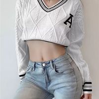 White Varsity V Neck Long Sleeve Crop Top Knit Pullover Sweater Jumper Autumn Aesthetic Casual E-Girl Kawaii Korean Japanese Harajuku - Thumbnail 2