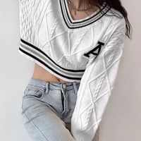 White Varsity V Neck Long Sleeve Crop Top Knit Pullover Sweater Jumper Autumn Aesthetic Casual E-Girl Kawaii Korean Japanese Harajuku - Thumbnail 3