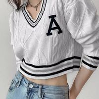 White Varsity V Neck Long Sleeve Crop Top Knit Pullover Sweater Jumper Autumn Aesthetic Casual E-Girl Kawaii Korean Japanese Harajuku - Thumbnail 4
